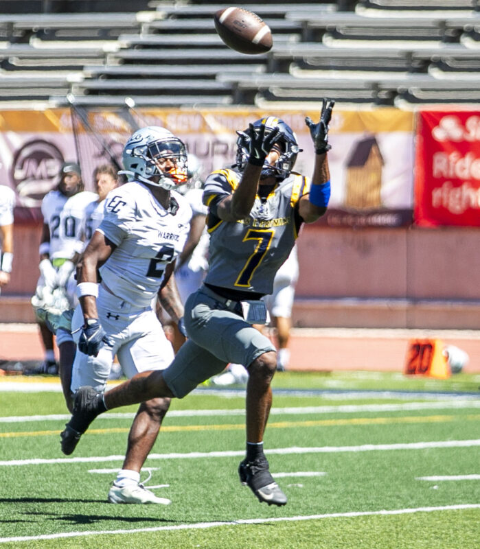 Canyons wide receiver Donovan Glover (7) celebrates with teammates during the second quarter of Saturday's game against El Camino at College of the Canyons on Sept. 5, 2026. Habeba Mostafa/ The Signal