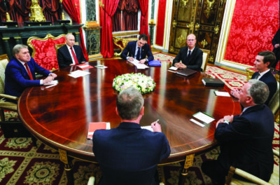 Russia's President Vladimir Putin (2nd L), Kremlin foreign policy aide Yuri Ushakov (L) and Russia's presidential envoy Kirill Dmitriev (4th L) attend a meeting with US special envoy Steve Witkoff (R) and President Donald Trump's son-in-law Jared Kushner (2nd R) in Moscow, on September 5, 2026. Mikhail Metzel / POOL / AFP via Getty Images