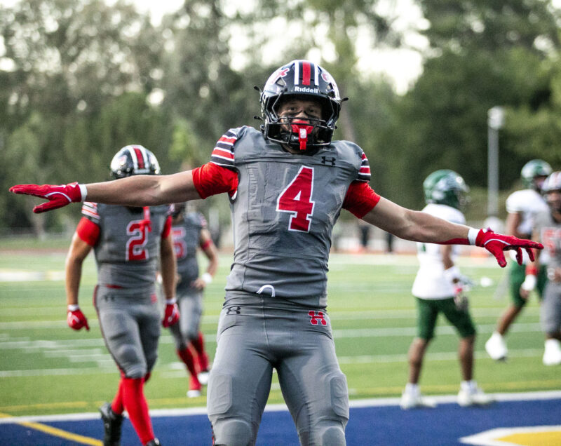 Hart wide receiver Matix Frithsmith (4) celebrates his first touchdown of the game during the first quarter of Friday's game against Pacifica at College of the Canyons on Sept. 4, 2026. Habeba Mostafa/ The Signal