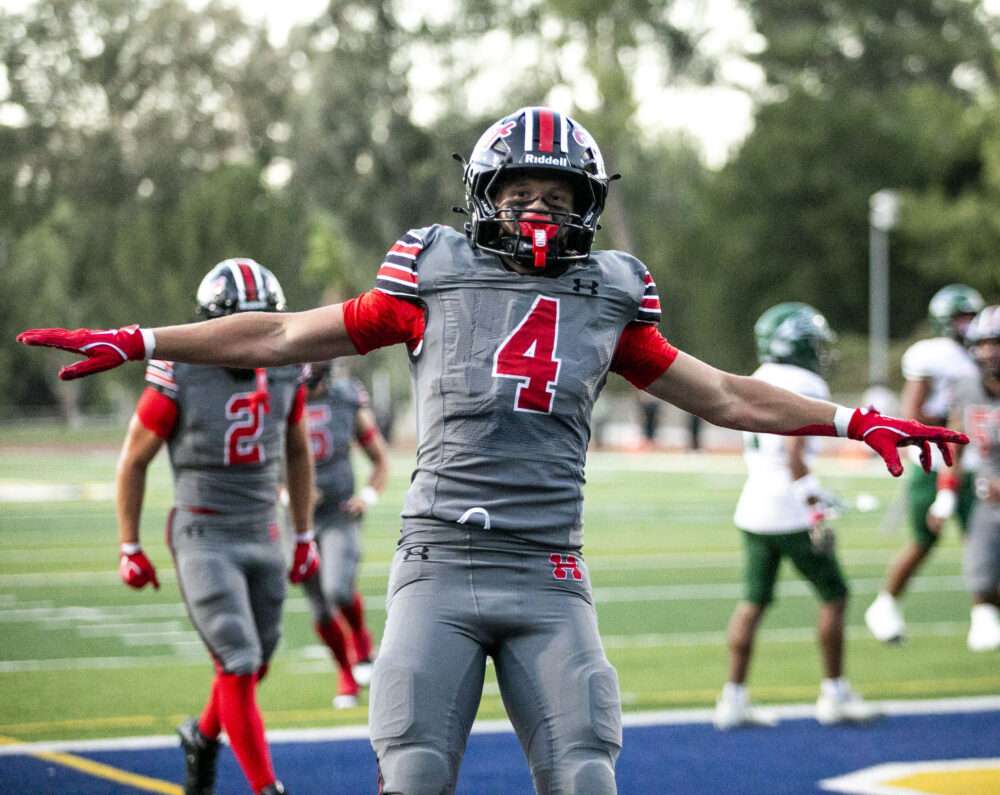 Hart wide receiver Matix Frithsmith (4) celebrates his first touchdown of the game during the first quarter of Friday's game against Pacifica at College of the Canyons on Sept. 4, 2026. Habeba Mostafa/ The Signal