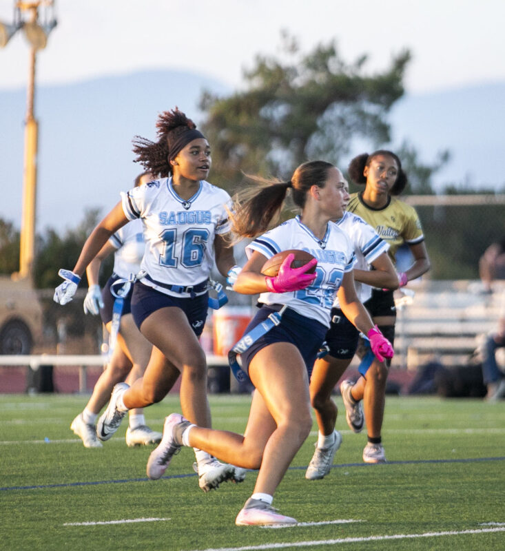 Saugus' Makeli Leonard (22) intercepts the ball against Golden Valley during the first quarter of Thursday's game at Golden Valley High School on Sept. 24, 2026. Habeba Mostafa/ The Signal