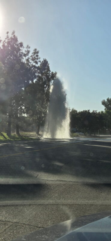 A sheared hydrant spills water on Avenue Mentry, Tuesday, Sept. 29, 2026. Photo courtesy of Joshua Thompson.