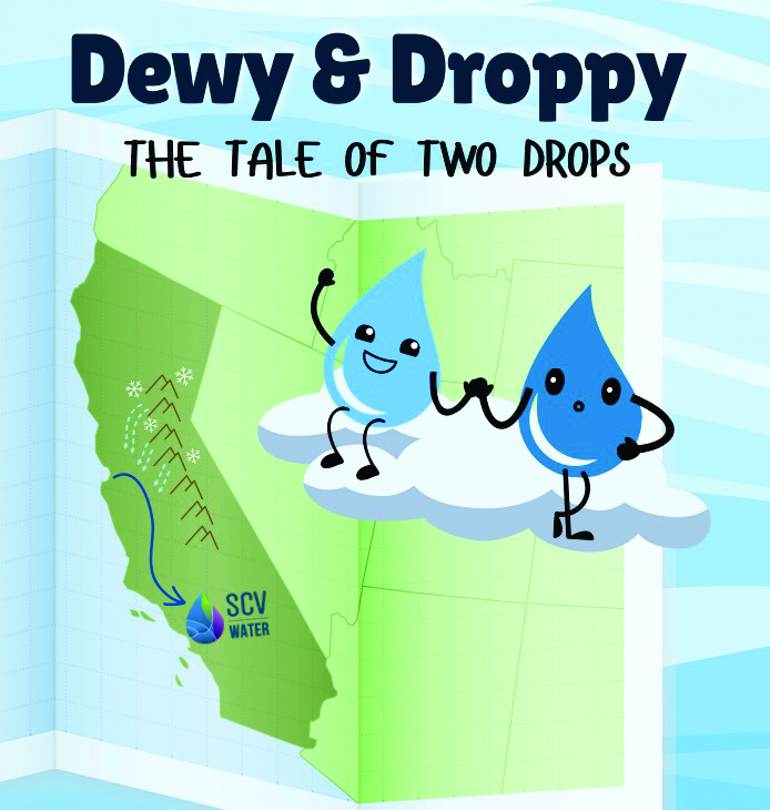 “Dewy and Droppy: The Tale of Two Drops” tells the story of two drops of water on their journey to the Santa Clarita Valley. It was written and designed by SCV Water Agency Management Analyst Amy Seyerle. Shown here is a screenshot of the cover artwork. Courtesy of SCV Water.