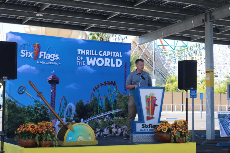 Brian Oerding speaks to the audience at the installation of the solar system project at Six Flags Magic Mountain in Valencia, Calif., Thursday, Oct. 1, 2026. Kamryn Martell/The Signal
