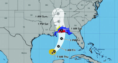 A forecast map issued by the National Hurricane Center on Oct. 8, 2026, shows the path of Hurricane Isaias. Areas in blue are tropical storm warnings, areas in red are hurricane warnings, areas in pink are hurricane watches, and areas in yellow are tropical storm watches. National Hurricane Center