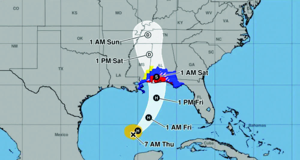 A forecast map issued by the National Hurricane Center on Oct. 8, 2026, shows the path of Hurricane Isaias. Areas in blue are tropical storm warnings, areas in red are hurricane warnings, areas in pink are hurricane watches, and areas in yellow are tropical storm watches. National Hurricane Center