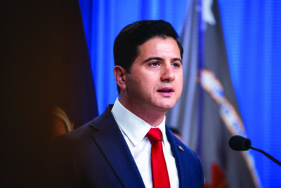 Central District of California First Assistant U.S. Attorney Bill Essayli speaks during a news conference at the U.S. Department of Justice in Washington on Nov. 19, 2025. Photo by Madalina Kilroy.