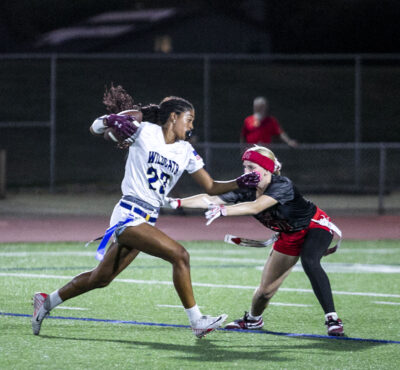 West Ranch wide receiver Sofia Forbes (23) earns a first down during the first quarter of Tuesday's game against Hart at Hart High School on Oct. 6, 2026. Habeba Mostafa/ The Signal