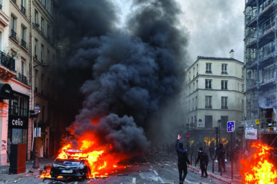 A car burns as thick black smoke billows over Boulevard Saint-Denis in Paris on Oct. 17, 2026. Photo by Etienne Fauchaire.