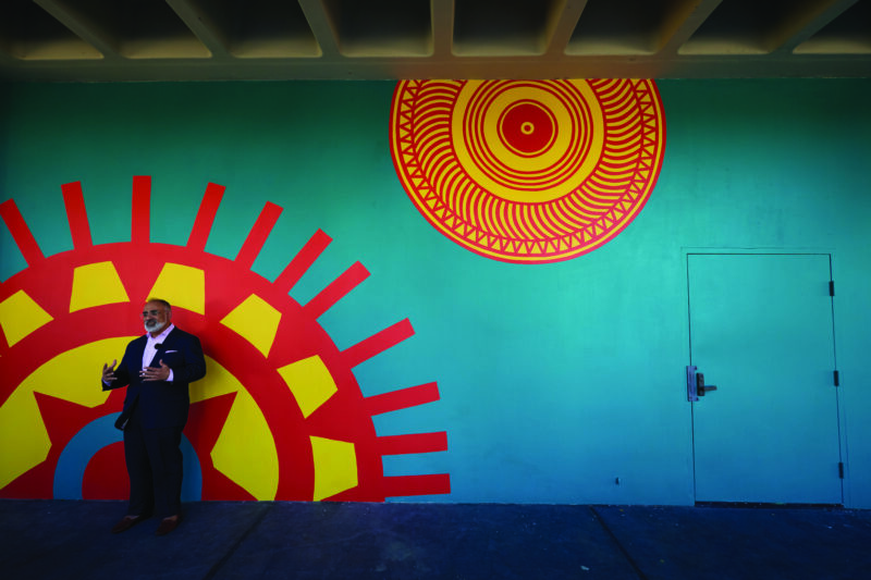 CalArts Mural Unveiling outside of Tatum Cafe  Generously supported by alumni Ryosaku Miyasaka (BFA Art 74), the project originated as a course led by River Garza, culminating in a winning design proposal selected by student vote. The resulting mural reframes our relationship with the environment through the lens of Indigenous cultural burnings, traditional ecological knowledge, and resilience. 
Photo courtesy of California Institute of the Arts