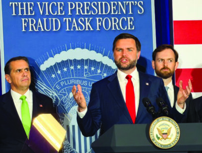 Vice President JD Vance (C), flanked by Attorney General Todd Blanche (L) and Federal Trade Commission Chair Andrew Ferguson (R), speaks to reporters at a news conference at the FBI office in Cincinnati, Ohio, on Oct. 21, 2026. Photo by Janice Hisle.