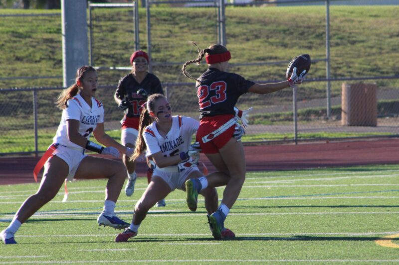 Hart’s Vanessa Biernat (23) evading the Chaminade defender during the second round of the CIF-SS Division 2 flag football playoffs on Oct. 24, 2026. Ryan Romero/The Signal
