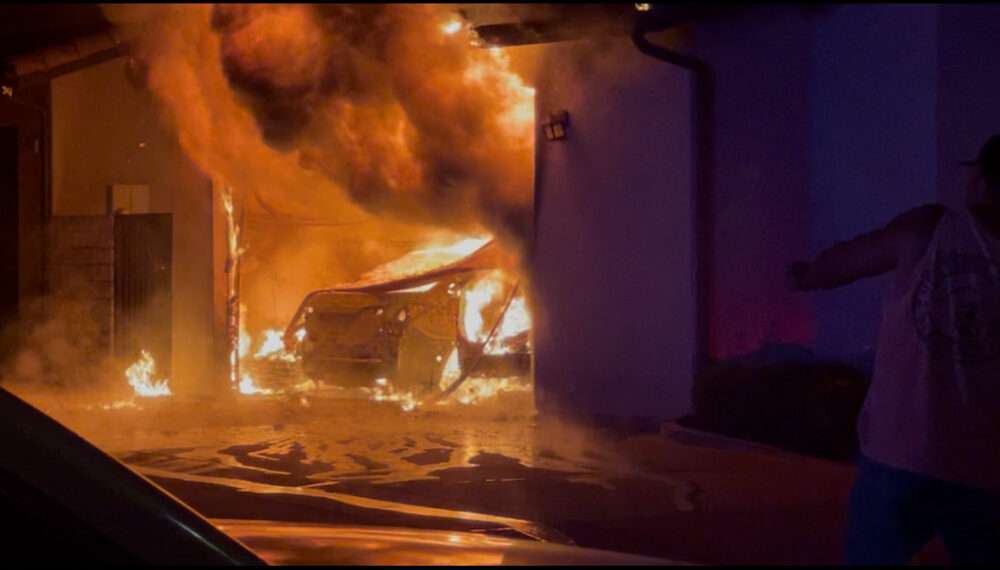 Two cars were engulfed in flames at a home on Avenida De Sonrisa in Saugus early Thursday morning. Photo courtesy of Dillon Foster.