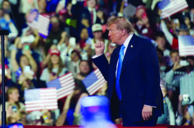 President Donald Trump takes the stage during a rally in the Truist Arena at Northern Kentucky University in Highland Heights, Ky., on Oct. 17, 2026. Photo by Travis Gillmore.